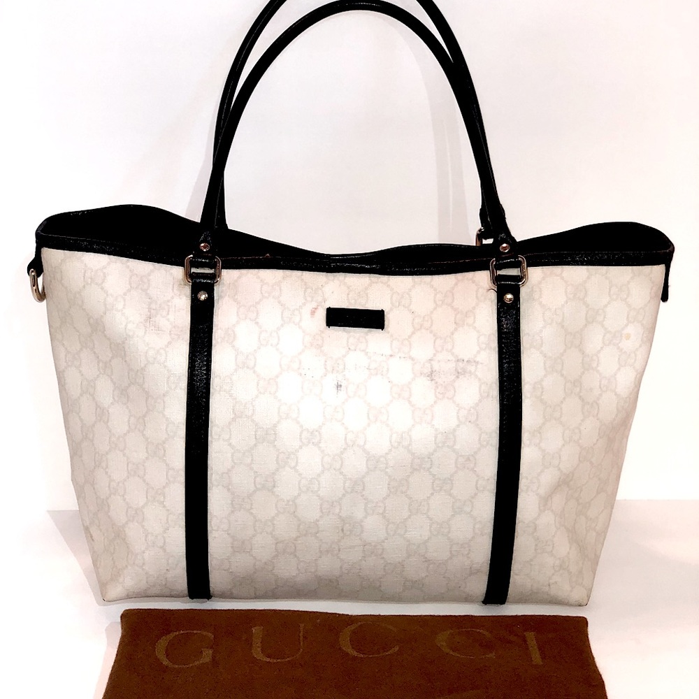 Gucci White with Black Leather Trim Large Tote